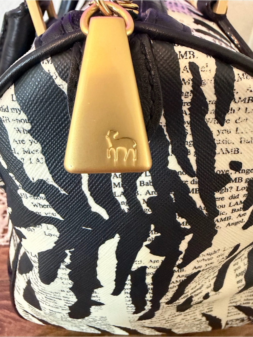 L.A.M.B. Black and White Zebra Stripe Satchel with Gold Plaque - Picture 6 of 9
